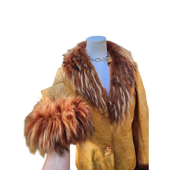 Vtg 90s Commandments Funky Hippie Spikey Fur Trim Leather 70s Style Coat Sz S - Picture 5 of 9